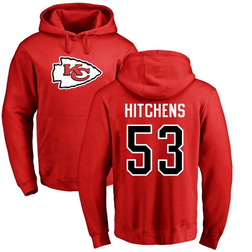 Men Kansas City Chiefs #53 Hitchens Anthony Red Name and Number Logo Pullover NFL Hoodie Sweatshirts